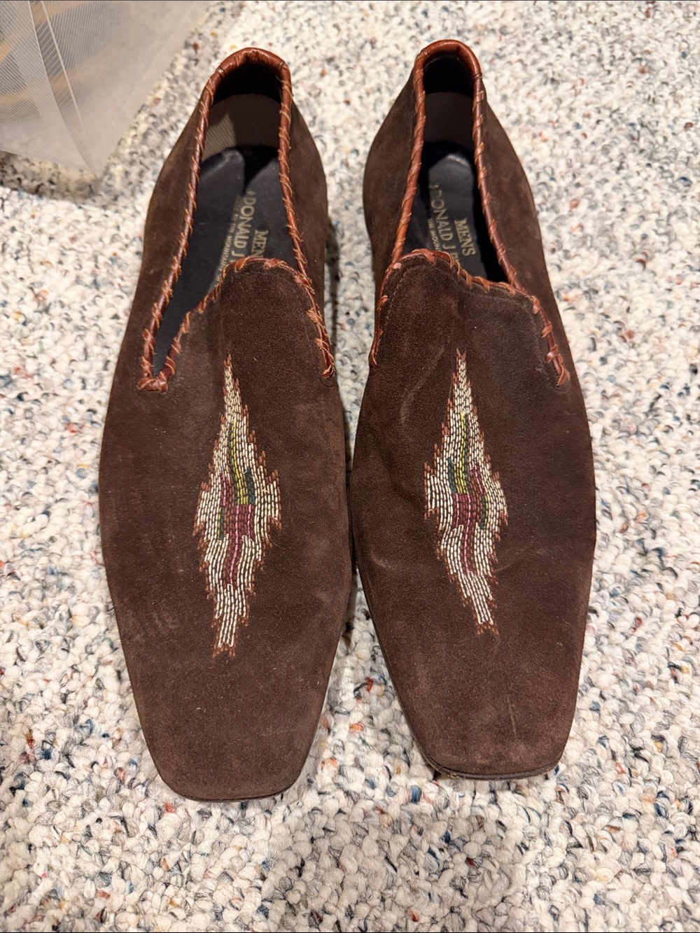 Donald Pliner Men's Brown Suede Slip-On Loafers with Embroidered Accent